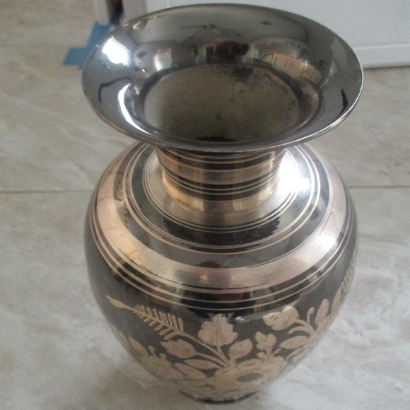 Vintage Indian Solid Brass Floral Engraved Decorative Vase  Large Vintage Brass Urn Vase Bohemian Etched Floral Design 9.5\